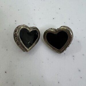 Heart Earrings Stud Black Silver Tone‎ Swirl Big Statement Enamel Look
